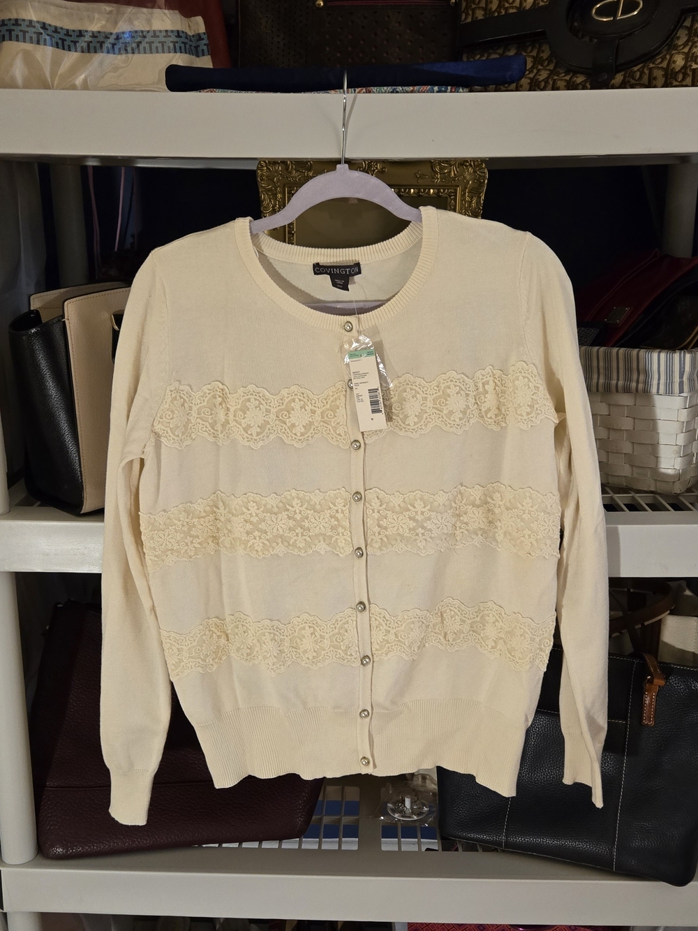 Vintage NWT Covington Cream Lace-Trim Coquette/Cottagecore Cardigan Sweater